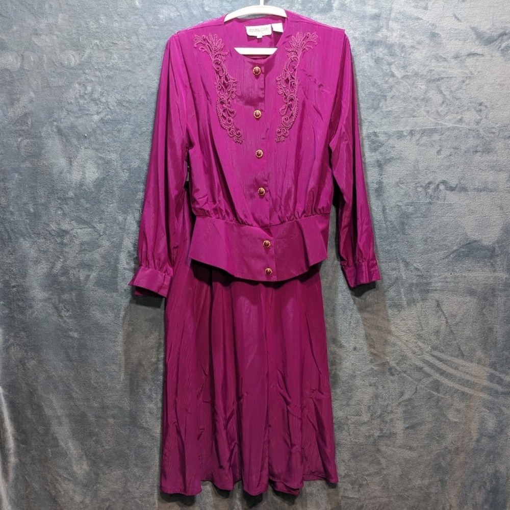Vintage 80s Andrea Gayle Magenta 2 Piece Skirt Set Lace Applique Peplum Midi 8